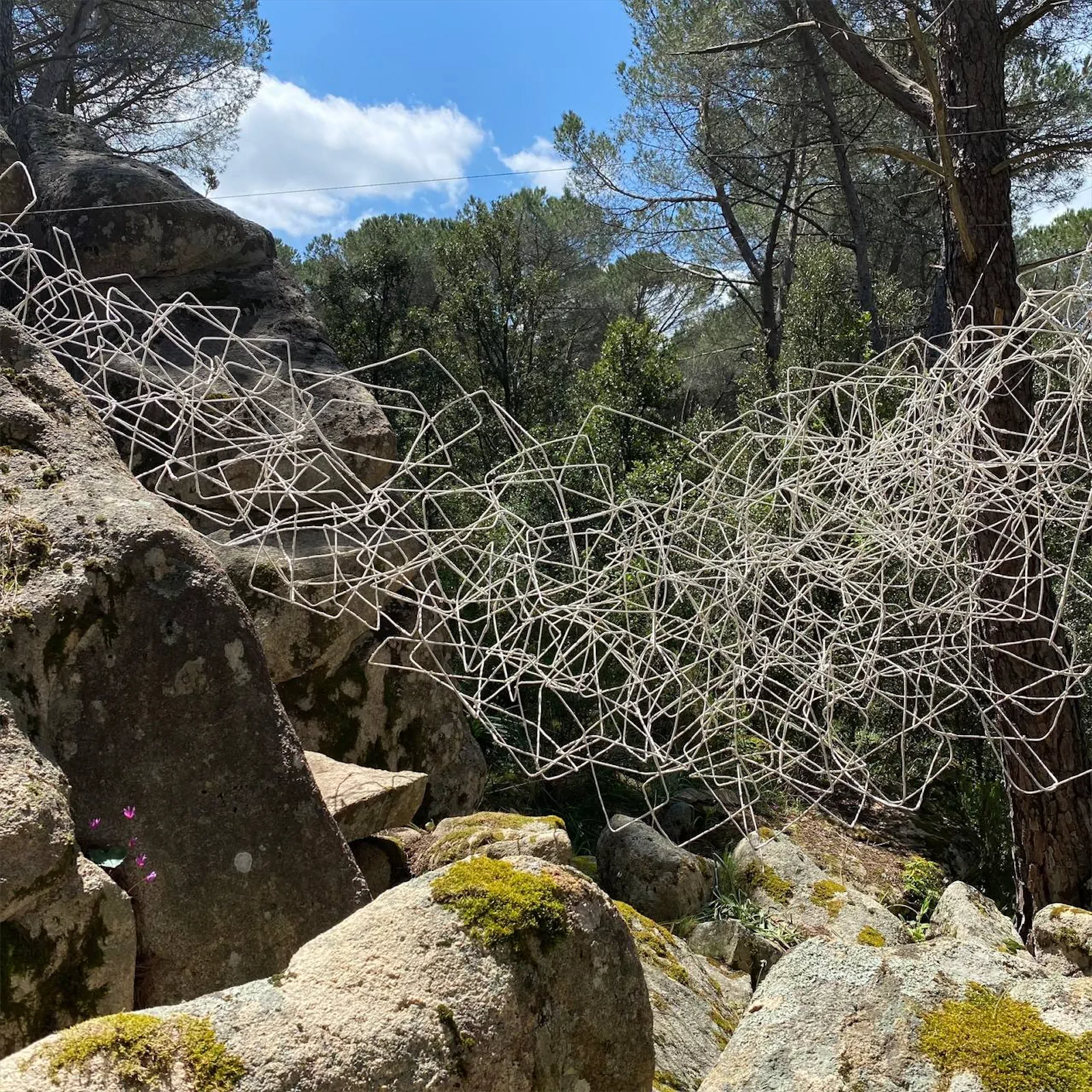fili e cavi in tessuto e metallo intrecciati formano una struttura astratta sospesa tra rocce di granito