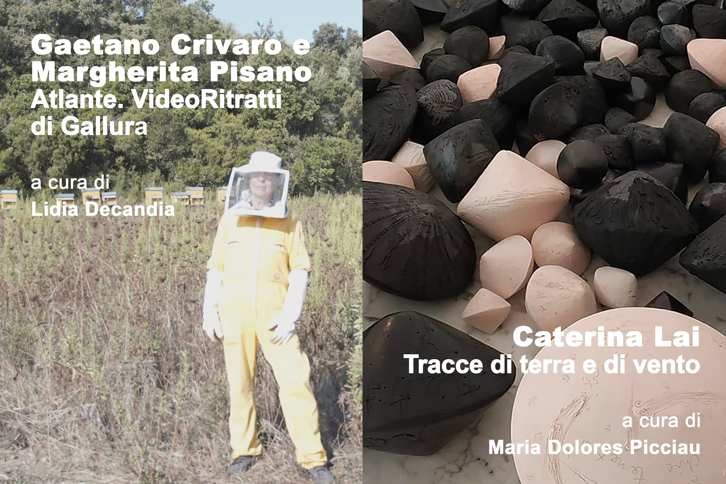 Manifesto con immagini delle due nuove mostre; a sinistra una donna in tenuta da apicultrice, a sinistra dei manufatti in ceramica dalle forme geometriche
