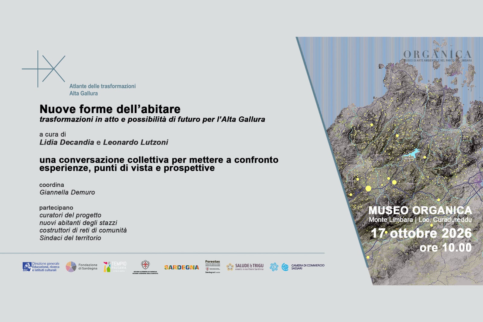 invito all'incontro Nuove forme dell'abitare trasformazioni in atto e possibilità di futuro per l'Alta Gallura a cura di Lidia Decandia e Leonardo Lutzoni